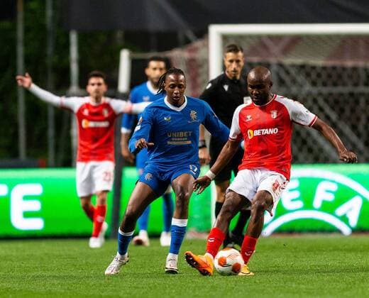 Mandatory Credit: Photo by Luke Nickerson Rangers FC Shutterstock (12885361aj) Joe Aribo of Rangers and Braga Midfielder Ali Elmusrati during the Europa League quarter final match at the Municipal Stadium, Braga. Braga v Rangers, UEFA Europa League, Quarter Final, First Leg, Football, Estadio Municipal de Braga, Braga, Portugal - 07 Apr 2022 EDITORIAL USE ONLY No use with unauthorised audio, video, data, fixture lists, club league logos or live services. Online in-match use limited to 120 images, no video emulation. No use in betting, games or single club league player publications. Braga v Rangers, UEFA Europa League, Quarter Final, First Leg, Football, Estadio Municipal de Braga, Braga, Portugal - 07 Apr 2022 EDITORIAL USE ONLY No use with unauthorised audio, video, data, fixture lists, club league logos or live services. Online in-match use limited to 120 images, no video emulation. No use in betting, games or single club league player publications.  Copyright: xLukexNickerson RangersxFC Shutterstockx 12885361aj