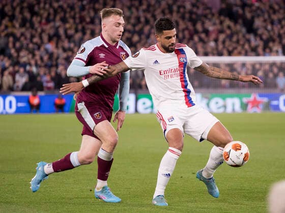 West Ham United v Olympique Lyonnais - UEFA Europa League Emerson of Lyon and Jarrod Bowen of West Ham battle for the ball during the UEFA Europa League Quarter Final match between West Ham United and Olympique Lyonnais at the London Stadium, Stratford on Thursday 7th April 2022. London Greater London United Kingdom  Copyright: xMIxNewsx originalFilename:fletcher-westhamu220407_npJYY.jpg