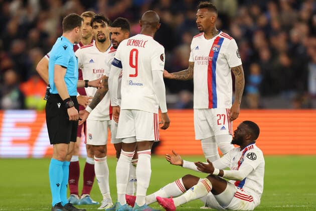 7th April 2022, London Stadium, London, England; Europa League football West Ham versus Lyon; Tanguy NDombele of Lyon complains to the referee  ActionPlus12376344 ShaunxBrooks