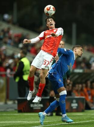 Mandatory Credit: Photo by Michael Zemanek Shutterstock (12885087az) Martins Gomes of Sporting Braga competes for the ball with James Tavernier of Rangers Braga v Rangers, UEFA Europa League, Quarter Final, First Leg, Football, Estadio Municipal de Braga, Braga, Portugal - 07 Apr 2022 EDITORIAL USE ONLY No use with unauthorised audio, video, data, fixture lists, club league logos or live services. Online in-match use limited to 120 images, no video emulation. No use in betting, games or single club league player publications. Braga v Rangers, UEFA Europa League, Quarter Final, First Leg, Football, Estadio Municipal de Braga, Braga, Portugal - 07 Apr 2022 EDITORIAL USE ONLY No use with unauthorised audio, video, data, fixture lists, club league logos or live services. Online in-match use limited to 120 images, no video emulation. No use in betting, games or single club league player publications.  Copyright: xMichaelxZemanek Shutterstockx 12885087az