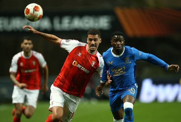 Mandatory Credit: Photo by Michael Zemanek Shutterstock (12885087bs) David Carmo of Sporting Braga and Fashion Sakala of Rangers Braga v Rangers, UEFA Europa League, Quarter Final, First Leg, Football, Estadio Municipal de Braga, Braga, Portugal - 07 Apr 2022 EDITORIAL USE ONLY No use with unauthorised audio, video, data, fixture lists, club league logos or live services. Online in-match use limited to 120 images, no video emulation. No use in betting, games or single club league player publications. Braga v Rangers, UEFA Europa League, Quarter Final, First Leg, Football, Estadio Municipal de Braga, Braga, Portugal - 07 Apr 2022 EDITORIAL USE ONLY No use with unauthorised audio, video, data, fixture lists, club league logos or live services. Online in-match use limited to 120 images, no video emulation. No use in betting, games or single club league player publications.  Copyright: xMichaelxZemanek Shutterstockx 12885087bs