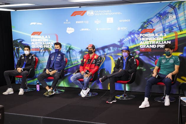 OCON Esteban (fra), Alpine F1 Team A522, ALBON Alexander (tha), Williams Racing FW44, SAINZ Carlos (spa), Scuderia Ferrari F1-75, ALONSO Fernando (spa), Alpine F1 Team A522, STROLL Lance (can), Aston Martin F1 Team AMR22, portrait, press conference, PK, Pressekonferenz during the Formula 1 Heineken Australian Grand Prix 2022, 3rd round of the 2022 FIA Formula One World Championship, WM, Weltmeisterschaft on the Albert Park Circuit, from April 8 to 10, 2022 in Melbourne, Australia - F1 - AUSTRALIAN GRAND PRIX 2022 DPPI Panoramic 00122008_G00D4394.JPG_