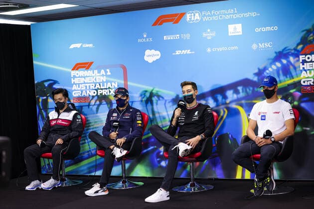 ZHOU Guanyu (chi), Alfa Romeo F1 Team ORLEN C42, PEREZ Sergio (mex), Red Bull Racing RB18, RUSSELL George (gbr), Mercedes AMG F1 Team W13, SCHUMACHER Mick (ger), Haas F1 Team VF-22 Ferrari, portrait, press conference, PK, Pressekonferenz during the Formula 1 Heineken Australian Grand Prix 2022, 3rd round of the 2022 FIA Formula One World Championship, WM, Weltmeisterschaft on the Albert Park Circuit, from April 8 to 10, 2022 in Melbourne, Australia - F1 - AUSTRALIAN GRAND PRIX 2022 DPPI Panoramic 00122008_GOOD4293.JPG_