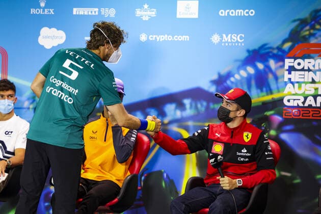 VETTEL Sebastian (ger), Aston Martin F1 Team AMR22, LECLERC Charles (mco), Scuderia Ferrari F1-75, portrait, press conference, PK, Pressekonferenz during the Formula 1 Heineken Australian Grand Prix 2022, 3rd round of the 2022 FIA Formula One World Championship, WM, Weltmeisterschaft on the Albert Park Circuit, from April 8 to 10, 2022 in Melbourne, Australia - F1 - AUSTRALIAN GRAND PRIX 2022 DPPI Panoramic 00122008_GOOD4434.JPG_