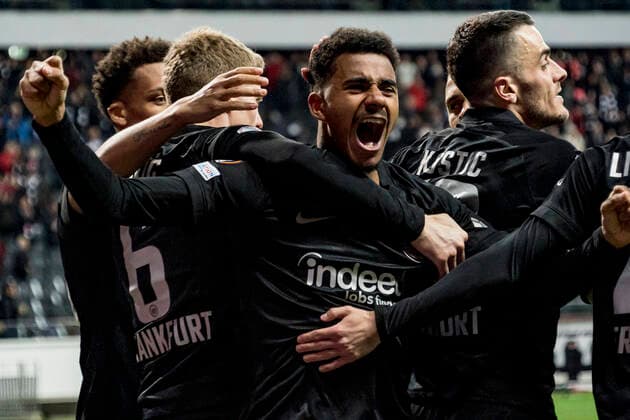 UEFA Europa League, Eintracht Frankfurt vs FC Barcelona, Deutsche Bank Park, Frankfurt, 07 04 2022 Ansgar Knauff Eintracht Frankfurt 36 Kristijan Jakic Eintracht Frankfurt 6 Tuta Eintracht Frankfurt 35 , Eintracht Frankfurt vs FC Barcelona, Frankfurt, Deutsche Bank Park, 7 4 2022 Copyright: xBEAUTIFULxSPORTS Gawlikx