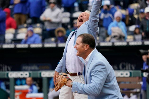 Apr 07, 2022: Kansas City Royals Hall of Famer George Brett has to make a leap to snag a ceremonial first pitch at Kauffman Stadium Kansas City, Missouri. The Kansas City Royals defeated the Cleveland Guardians 3-1. CSM. Kansas City United States - ZUMAc04_ 20220407_zaf_c04_064 Copyright: xJonxRobichaudx