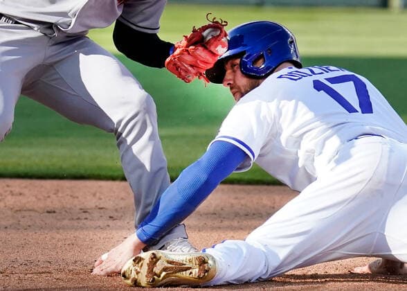 Apr 07, 2022: Kansas City Royals Hunter Dozier (17) slides under the tag at second base at Kauffman Stadium Kansas City, Missouri. The Kansas City Royals defeated the Cleveland Guardians 3-1. CSM. Kansas City United States - ZUMAc04_ 20220407_zaf_c04_079 Copyright: xJonxRobichaudx