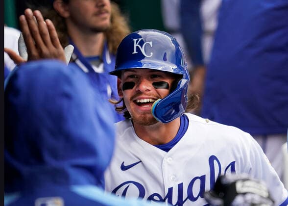 Apr 07, 2022: Kansas City Royals rookie Bobby Witt Jr. (7) gets congratulated by his teammates after his first hit, RBI and run scored at Kauffman Stadium Kansas City, Missouri. The Kansas City Royals defeated the Cleveland Guardians 3-1. CSM. Kansas City United States - ZUMAc04_ 20220407_zaf_c04_083 Copyright: xJonxRobichaudx