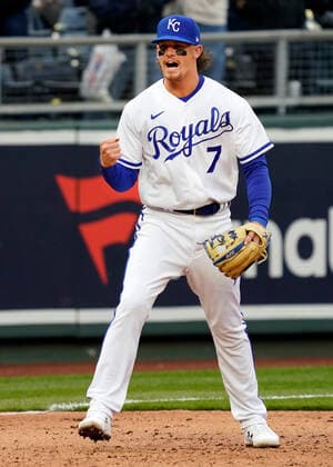 Apr 07, 2022: Kansas City Royals third baseman Bobby Witt Jr. (7) celebrates the last pitch on an opening day win in his first game at Kauffman Stadium Kansas City, Missouri. The Kansas City Royals defeated the Cleveland Guardians 3-1. CSM. Kansas City United States - ZUMAc04_ 20220407_zaf_c04_086 Copyright: xJonxRobichaudx