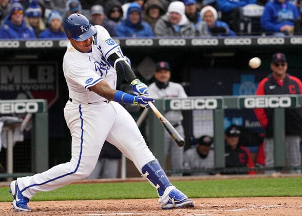 Apr 07, 2022: Kansas City Royals catcher Salvador Perez (13) drives a pitch at Kauffman Stadium Kansas City, Missouri. The Kansas City Royals defeated the Cleveland Guardians 3-1. CSM. Kansas City United States - ZUMAc04_ 20220407_zaf_c04_089 Copyright: xJonxRobichaudx