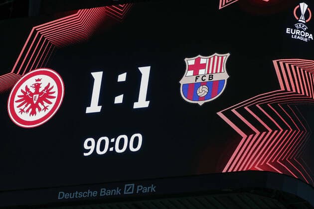 Soccer Europa League quarterfinals Eintracht Frankfurt FC Barcelona on 07 04 2022 at Deutsche Bank Park in Frankfurt scoreboard video cube with the final score 1 1 UR