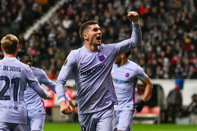Goal celebration of Sergio Agueero 19 FC Barcelona to equalize 1 1, Eintracht Frankfurt vs FC Barcelona, Europa League, quarterfinals, first leg, 07 04 2022 Copyright: xkolbert-press MarcxNiemeyerx