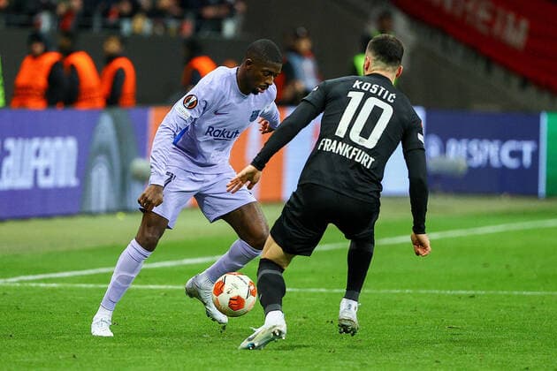 Frankfurt am Main, 07 04 2022 xjfx football UEFA Europa League, Eintracht Frankfurt FC Barcelona emspor, emonline, v l , Ousmane Dembele FC Barcelona , Filip Kostic Eintracht Frankfurt Copyright: JoaquimxFerreira