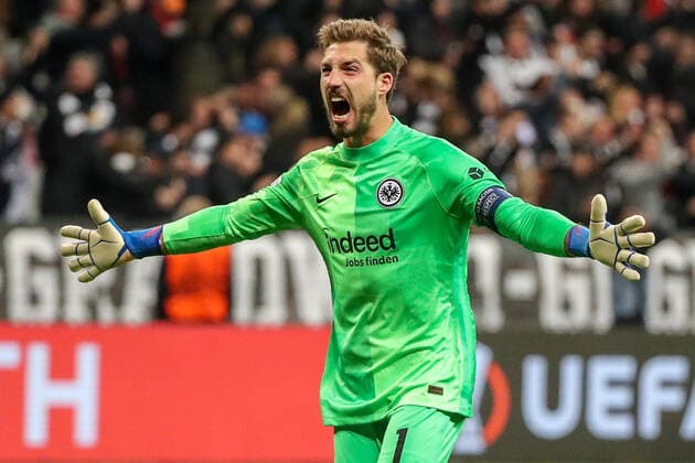 Soccer Europa League quarterfinals Eintracht Frankfurt FC Barcelona on 07 04 2022 at Deutsche Bank Park in Frankfurt Goalkeeper Kevin Trapp Frankfurt 1 celebrates the goal to 1 to 0 by Ansgar Knauff Frankfurt 36 UR