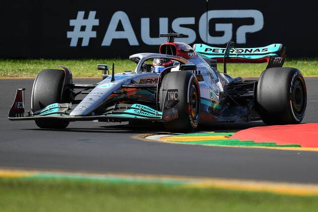 AUSTRALIAN F1 GRAND PRIX, George Russell of Mercedes during Practice 1 for the Formula 1 Australian Grand Prix 2022 at the Albert Park Grand Prix Circuit in Melbourne, Friday, April 8, 2022. ( NO ARCHIVING, EDITORIAL USE ONLY, NO USE IN BOOKS WITHOUT CONSENT MELBOURNE VIC AUSTRALIA  Copyright: xJOELxCARRETTx 20220408001644911517