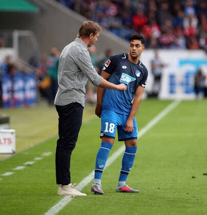 TSG 1899 Hoffenheim FC Bayern Munich Germany, Sinsheim, 09 09 2017, 1 Football Bundesliga, Season 2017 2018, Matchday 3, TSG 1899 Hoffenheim FC Bayern Munich 2 0 v l Julian Nagelsmann coach TSG 1899 Hoffenheim , Nadiem Amiri TSG 1899 Hoffenheim