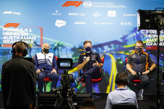 TOST Franz (aut), Team Principal of Scuderia AlphaTauri, HORNER Christian (gbr), Team Principal of Red Bull Racing, SEIDL Andreas, Team Principal of McLaren F1 Team, portrait, press conference, PK, Pressekonferenz during the Formula 1 Heineken Australian Grand Prix 2022, 3rd round of the 2022 FIA Formula One World Championship, WM, Weltmeisterschaft on the Albert Park Circuit, from April 8 to 10, 2022 in Melbourne, Australia - F1 - AUSTRALIAN GRAND PRIX 2022 DPPI Panoramic  00122008__V2_8671