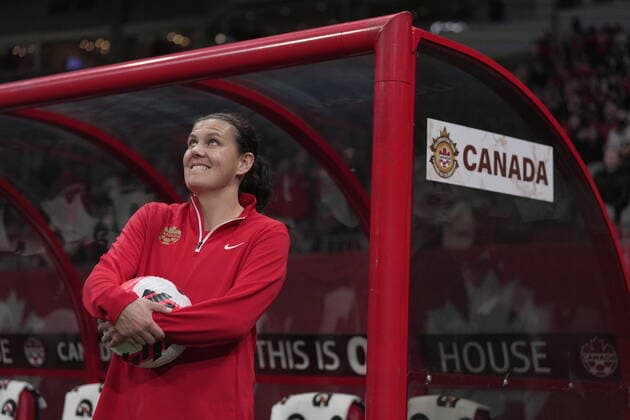 April 8, 2022, VANCOUVER, BC, CANADA: Canada s Christine Sinclair watches a video tribute as she is recognized for her international goal scoring record set in 2020, before a women s friendly soccer match against Nigeria, in Vancouver, on Friday, April 8, 2022. Canada News - April 8, 2022 - ZUMAc35_ 20220408_zaf_c35_192 Copyright: xDarrylxDyckx