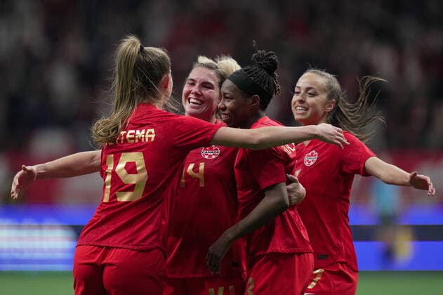 April 8, 2022, VANCOUVER, BC, CANADA: Canada s Jordyn Huitema, from left to right, Vanessa Gilles, Kadeisha Buchanan and Julia Grosso celebrate Gilles goal against Nigeria during the second half of a women s friendly soccer match, in Vancouver, on Friday, April 8, 2022. Canada News - April 8, 2022 - ZUMAc35_ 20220408_zaf_c35_207 Copyright: xDarrylxDyckx