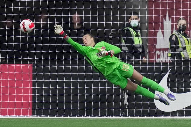 April 8, 2022, VANCOUVER, BC, CANADA: Canada goalkeeper Kailen Sheridan dives to make a save during the second half of a women s friendly soccer match against Nigeria, in Vancouver, on Friday, April 8, 2022. Canada News - April 8, 2022  - ZUMAc35_ 20220408_zaf_c35_212 Copyright: xDarrylxDyckx