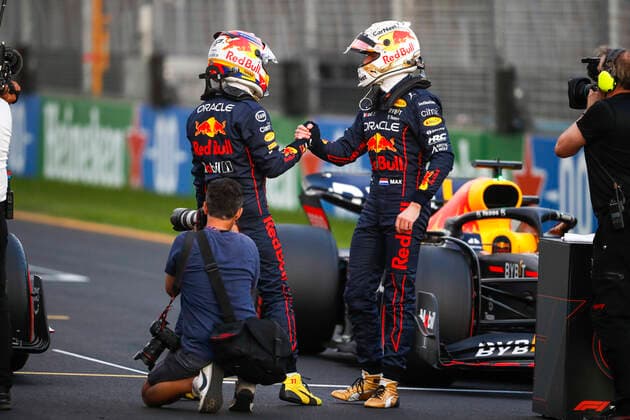 11 Sergio Perez MEX, Oracle Red Bull Racing , 1 Max Verstappen NLD, Oracle Red Bull Racing , F1 Grand Prix of Australia at Melbourne Grand Prix Circuit on April 9, 2022 in Melbourne, Australia Photo by HOCH ZWEI Melbourne Australia