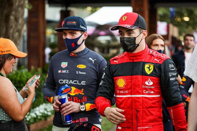 VERSTAPPEN Max (ned), Red Bull Racing RB18, LECLERC Charles (mco), Scuderia Ferrari F1-75, portrait during the Formula 1 Heineken Australian Grand Prix 2022, 3rd round of the 2022 FIA Formula One World Championship, WM, Weltmeisterschaft on the Albert Park Circuit, from April 8 to 10, 2022 in Melbourne, Australia - F1 - AUSTRALIAN GRAND PRIX 2022 DPPI Panoramic  20220409_GOOD6993
