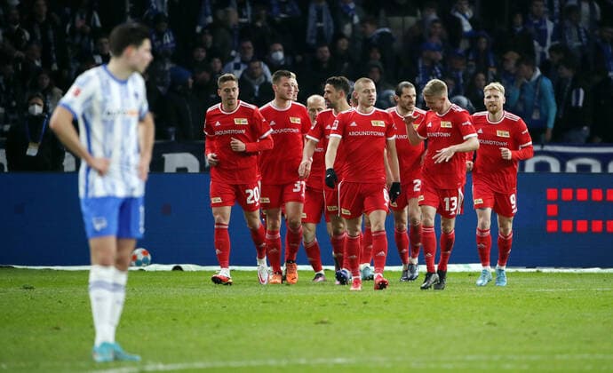 left Jurgen Ekkelenkamp, right Jubilating Union team after 1 4 by Sven Michel Sports Football Soccer DFL Bundesliga Men Season 2021 2022 09 04 2022 Hertha BSC Berlin vs 1 FC Union Berlin FCU Derby City Duel