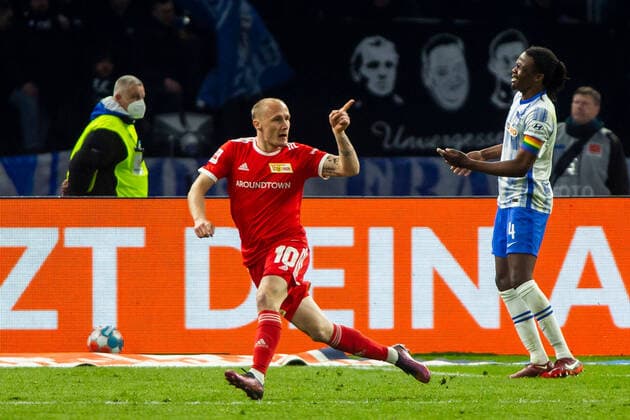 09 04 2022, xfrx, football 1 Bundesliga, Hertha BSC Berlin Union Berlin emspor, v l Sven Michel Union Berlin celebrate the goal,Torjubel zum 1 4 DFL DFB REGULATIONS PROHIBIT ANY USE OF PHOTOGRAPHS as IMAGE SEQUENCES and or QUASI VIDEO Berlin