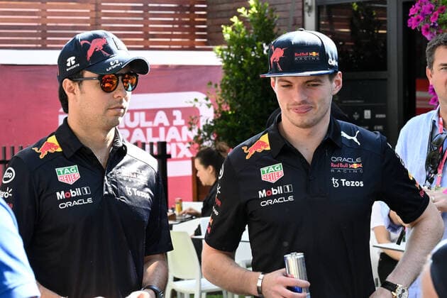 MELBOURNE, AUSTRALIA - APRIL 10: Max Verstappen (1) of Netherlands and Oracle Red Bull Racing and Sergio Perez (11) of Mexico and Oracle Red Bull Racing at the Australian Formula One Grand Prix at Albert Park on April 10, 2022 in Melbourne, Australia. (Photo by Steven Markham Icon Sportswire) AUTO: APR 10 F1 - Australian Grand Prix Icon22041000771