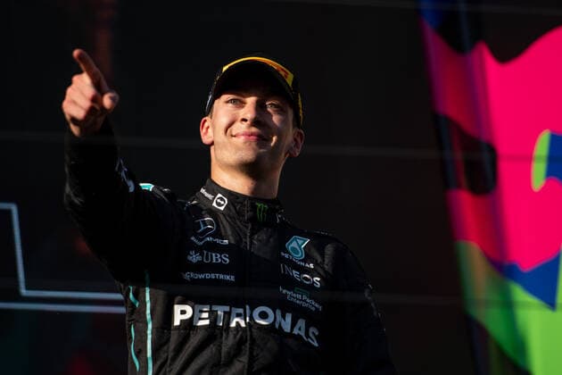 George Russell UK, Mercedes AMG Petronas F1 Team 63 celebrates 3rd place and his first podium with Mercedes, AUS, Formula 1 Australian Grand Prix, Albert Park Circuit Melbourne, Race Day, 10 04 2022 AUS, Formula 1 Australian Grand Prix, Albert Park Circuit Melbourne, Race Day, 10 04 2022 Copyright: xEibner Memmlerx EP_MMR