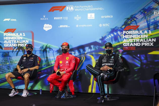 PEREZ Sergio (mex), Red Bull Racing RB18, LECLERC Charles (mco), Scuderia Ferrari F1-75, RUSSELL George (gbr), Mercedes AMG F1 Team W13, portrait, post race press conference, PK, Pressekonferenz during the Formula 1 Heineken Australian Grand Prix 2022, 3rd round of the 2022 FIA Formula One World Championship, WM, Weltmeisterschaft on the Albert Park Circuit, from April 8 to 10, 2022 in Melbourne, Australia - F1 - AUSTRALIAN GRAND PRIX 2022 - RACE DPPI Panoramic 00122009_GOOD9403.JPG_