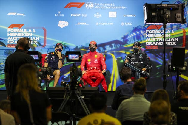 PEREZ Sergio (mex), Red Bull Racing RB18, LECLERC Charles (mco), Scuderia Ferrari F1-75, RUSSELL George (gbr), Mercedes AMG F1 Team W13, portrait, post race press conference, PK, Pressekonferenz during the Formula 1 Heineken Australian Grand Prix 2022, 3rd round of the 2022 FIA Formula One World Championship, WM, Weltmeisterschaft on the Albert Park Circuit, from April 8 to 10, 2022 in Melbourne, Australia - F1 - AUSTRALIAN GRAND PRIX 2022 - RACE DPPI Panoramic 00122009_GOOD9416.JPG_