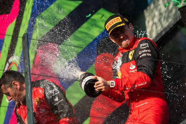 Charles Leclerc MCO, Scuderia Ferrari 16 cheers victory and splashes champagne, AUS, Formula 1 Australian Grand Prix, Albert Park Circuit Melbourne, Race Day, 10 04 2022 AUS, Formula 1 Australian Grand Prix, Albert Park Circuit Melbourne, Race Day, 10 04 2022 Copyright: xEibner Memmlerx EP_MMR