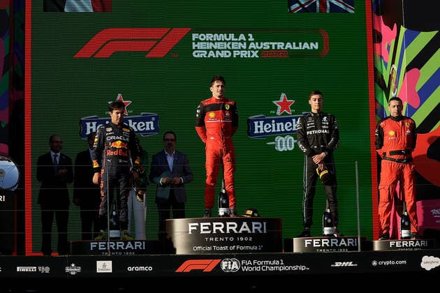 FORMULA 1 ROLEX AUSTRALIAN GRAND PRIX 2022 10 04 2022, Albert Park, Melbourne, FORMULA 1 ROLEX AUSTRALIAN GRAND PRIX 2022 , in picture podium 2 place for Sergio Perez MEX , Oracle Red Bull Racing, winner Charles Leclerc MCO , Scuderia Ferrari, 3 place for George Russel GBR , Mercedes AMG Petronas Formula One Team nordphotoxGmbHx xBratic nph00250