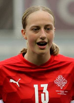 Belgrade, Serbia, Arpil 7th 2022: Cecilia Ran Runarsdottir (13 Iceland) during the Womens World Cup Qualifier football match between Belarus and Iceland at Stadium Event Place in Belgrade, Serbia. Aleksandar Djorovic SPP Belarus and Iceland - World Cup Qualifier - Stadium Event Place 
