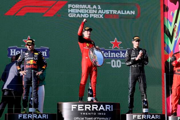 LECLERC Charles F1 Team Scuderia Ferrari Winner GP of Australia 2022 with PEREZ and RUSSELL FIA F1 season 2022 GP 2022 Melbourne Australia on 10 04 2022 in Melbourne Copyright: xJerryxAndrex