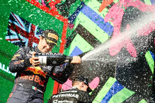 April 10, 2022, Melbourne, Victoria, Australia: MELBOURNE, AUSTRALIA - APRIL 10: Sergio Perez of Red Bull Racing celebrates second place at the 2022 Australian Formula 1 Grand Prix on 10th April 2022 Melbourne Australia - ZUMAp121 20220410_zsp_p121_064 Copyright: xChrisxPutnamx