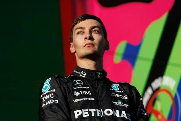 10th April 2022, Albert Park, Melbourne, Australia; FIA Formula 1 Australian Grand Prix, Race Day: Mercedes AMG Petronas driver George Russell is third in the race on th epodium  ActionPlus12378058 StephenxBlackberry