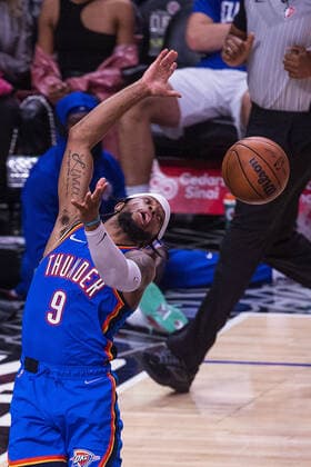 April 10, 2022, Los Angeles, California, USA: Zavier Simpson 9 of the Oklahoma Thunder drops the ball during their NBA, Basketball Herren, USA game against the Los Angeles Clippers on Sunday April 10, 2022 at Crypto.com Arena in Los Angeles, California. Clippers defeat Thunder, 138-88. ARIANA RUIZ PI Los Angeles USA - ZUMAp124 20220410_zaa_p124_048 Copyright: xArianaxRuizx