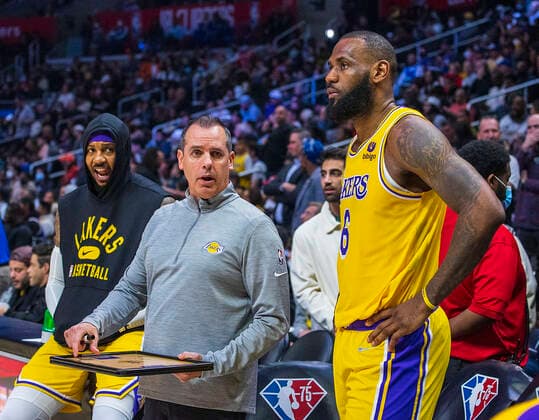March 3, 2022, Los Angeles, California, USA: Head coach, Frank Vogel is fired from Lakers on Monday April 11, 2022 after three years and winning a championship. FILE PHOTO: Head coach, Frank Vogel of the Los Angeles Lakers gives instructions to LeBron James 6 during their NBA, Basketball Herren, USA game against the Los Angeles Clippers on Thursday March 3, 2022 at Crypto.com Arena in Los Angeles, California. Clippers defeat Lakers, 132-111. PI Los Angeles USA - ZUMAp124 20220303_zaa_p124_046 Copyright: xJAVIERxROJASx