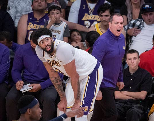 April 3, 2022, Los Angeles, California, USA: Head coach, Frank Vogel is fired from Lakers on Monday April 11, 2022 after three years and winning a championship. FILE PHOTO: Head coach, Frank Vogel of the Los Angeles Lakers reacts to a no call as Anthony Davis 3 looks at the replay monitor during their NBA, Basketball Herren, USA game against the Denver Nuggets on Sunday April 3, 2022 at Crypto.com Arena in Los Angeles, California. Lakers lose to Nuggets, 118-129. PI Los Angeles USA - ZUMAp124 20220403_zaa_p124_093 Copyright: xJAVIERxROJASx