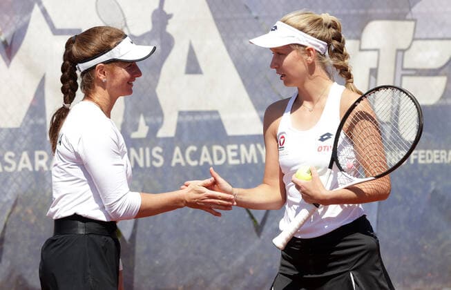TENNIS - Billie Jean King Cup 2022 ANTALYA,TURKEY,12.APR.22 - TENNIS - Billie Jean King Cup, Europe Africa Group I. Image shows Melanie Klaffner and Sinja Kraus (AUT).  GEPAxpictures xWalterxLuger
