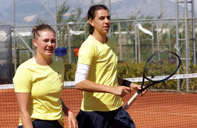 TENNIS - Billie Jean King Cup 2022 ANTALYA,TURKEY,12.APR.22 - TENNIS - Billie Jean King Cup, Europe Africa Group I. Image shows Kajsa Rinaldo Persson and Jacqueline Cabaj Awad (SWE).  GEPAxpictures xWalterxLuger