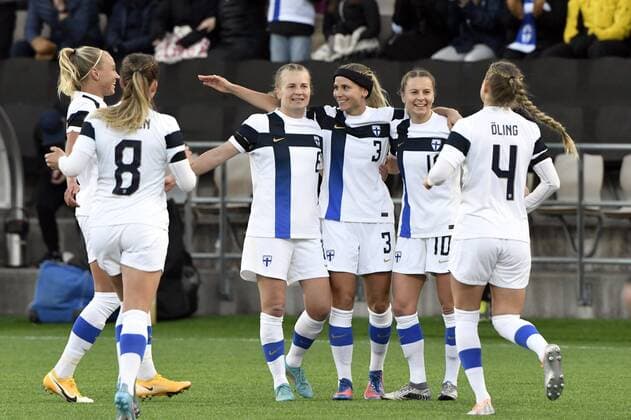 Finnish players celebrate the team s fourth goal, an own goal by Georgia, during the FIFA Women s World Cup UEFA group A qualifying match between Finland and Georgia in Helsinki, Finland, on April 12, 2022. Helsinki Finland LKFTJK20220412192822NPQM  Copyright: xJussixNukarix