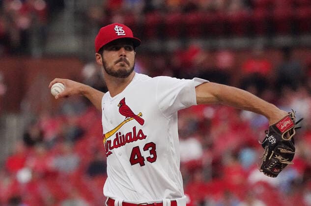 St. Louis Cardinals starting pitcher Dakota Hudson delivers a pitch to the Kansas City Royals in the first inning at Busch Stadium in St. Louis on Tuesday, April 12, 2022.  SLP2022041213 BILLxGREENBLATT