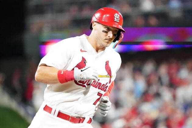 St. Louis Cardinals Andrew Knizner rounds third base after hitting a three run home run in the fifth inning against the Kansas City Royals at Busch Stadium in St. Louis on Tuesday, April 12, 2022.  SLP2022041219 BILLxGREENBLATT