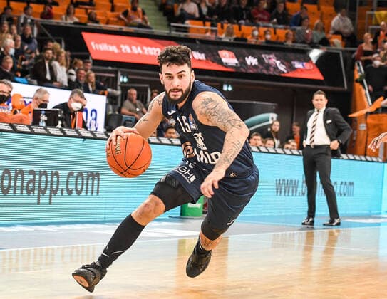 GER, BBL, ratiopharm Ulm vs MLP Academics Heidelberg 12 04 2022, ratiopharm arena, New Ulm, GER, BBL, ratiopharm Ulm vs MLP Academics Heidelberg, pictured Jordan Geist Heidelberg, 15 nordphotoxGmbHx xHafner nph00200