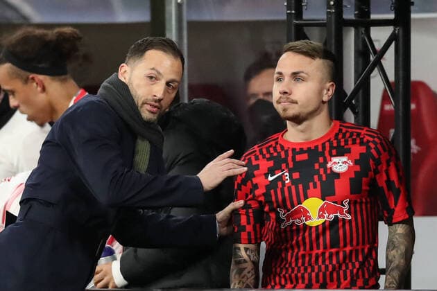 Coach Domenico Tedesco with Angelino RB Leipzig,3 1 football Bundesliga season 2021 2022 point match RB Leipzig vs TSG Hoffenheim at Red Bull Arena in Leipzig football,Germany,man,men,10 04 2022