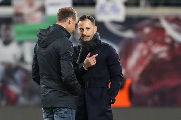 Coach Domenico Tedesco with CEO Oliver Mintzlaff RB Leipzig 1 Football Bundesliga season 2021 2022 Punktspiel RB Leipzig vs TSG Hoffenheim at Red Bull Arena in Leipzig Football,Germany,man,men,10 04 2022