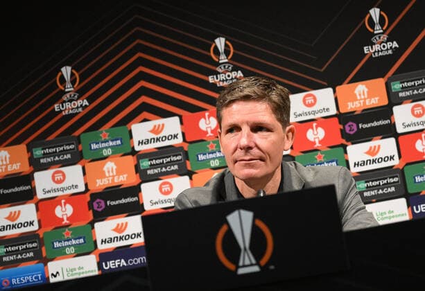 13 04 2022, xjhx, football UEFA Europa League, Eintracht Frankfurt press conference emspor, v l coach Oliver Glasner Eintracht Frankfurt zautz DFL DFB REGULATES PROHIBIT ANY USE OF PHOTOGRAPHS as IMAGE SEQUENCES and or QUASI VIDEO Barcelona